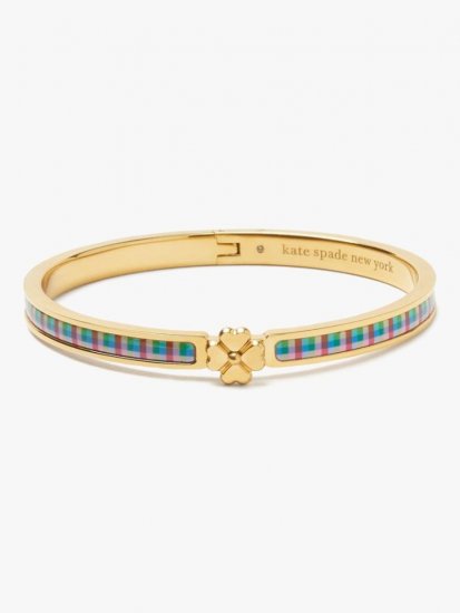 Kate Spade | Blue Madras Plaid Heritage Spade Flower Metal Thin Hinged Bangle - Click Image to Close