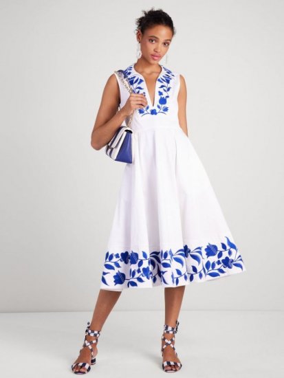 Kate Spade | Fresh White Embroidered Zigzag Floral Midi Dress - Click Image to Close