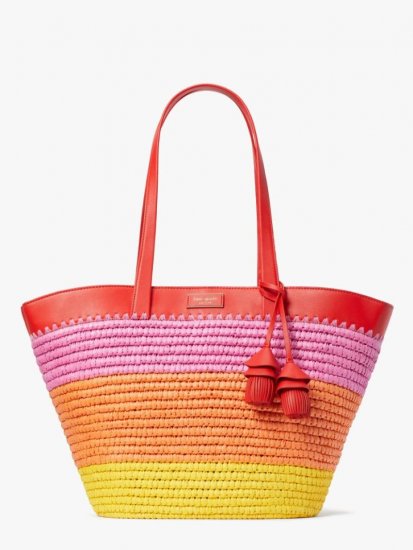 Kate Spade | Pink Multi The Pier Striped Straw Medium Tote - Click Image to Close